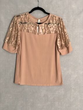 NY Collection Lace Top Puff Sleeve in Doeskin Women's Petite Large NEW